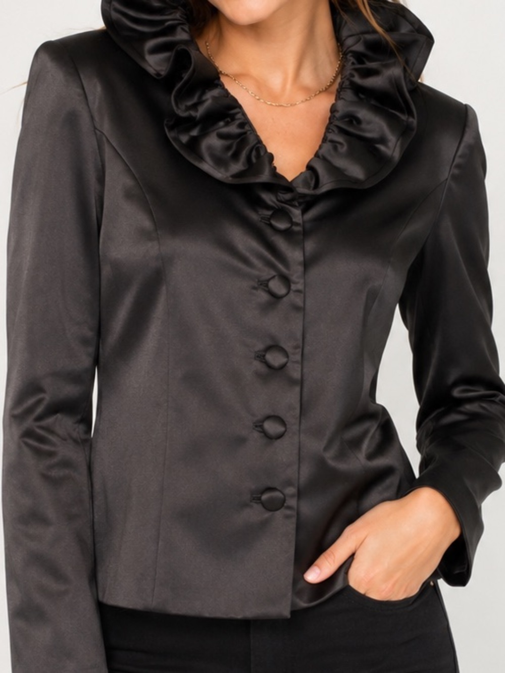 Phoebe Y2K Black Satin Ruffle Collar Blazer Gothic Romantic Jacket Sz 8 Witchy